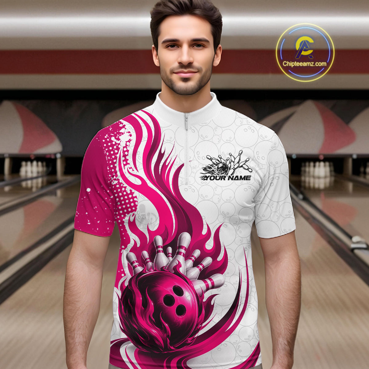A man wearing a short-sleeve bowling-themed jersey with a red and white flame design and a bowling ball graphic, standing in front of a blurred bowling alley background. 