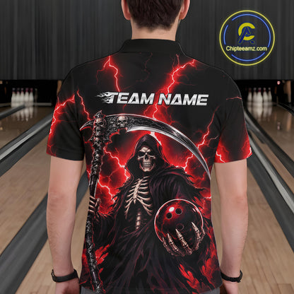 A person viewed from behind wearing a black short-sleeve shirt with a large grim reaper graphic, red lightning, and the text 'TEAM NAME' across the back. 