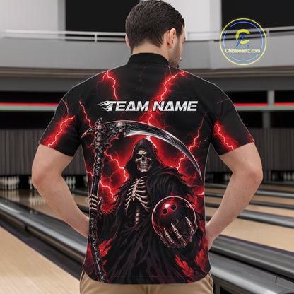 A man viewed from behind wearing a black short-sleeve bowling shirt with a large grim reaper graphic, red lightning, and the text 'TEAM NAME' across the upper back. 