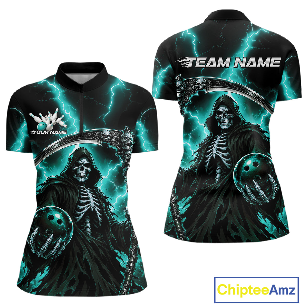 Front and back views of a women's short-sleeve quarter-zip shirt featuring a Grim Reaper graphic with teal lightning, black background, and customizable text areas including 'TEAM NAME' and 'YOUR NAME'.