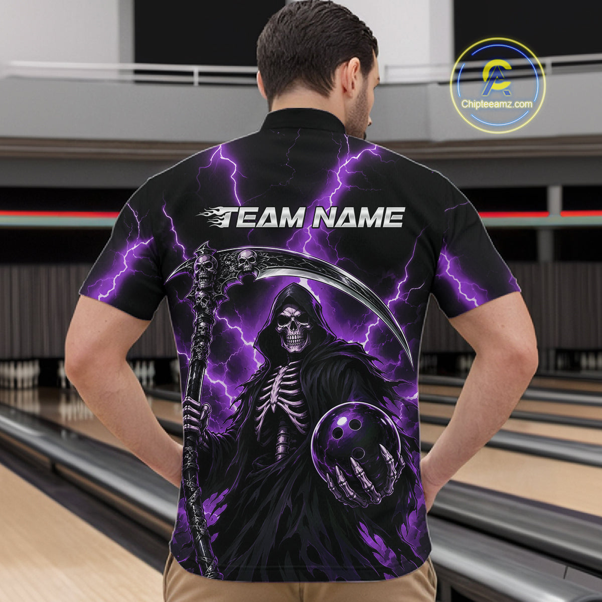 A man viewed from behind wearing a black short-sleeve bowling shirt with a large grim reaper graphic, purple lightning, and the text 'TEAM NAME' across the back. 