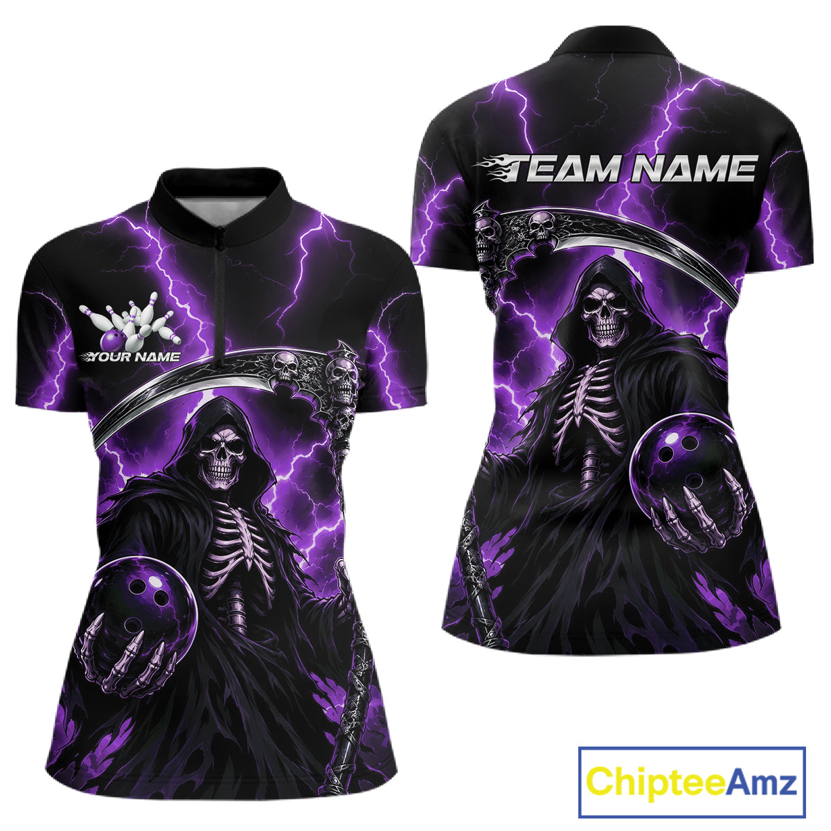 A short-sleeve quarter-zip shirt shown from the front and back, featuring a black and purple graphic design with a hooded skeleton, lightning bolts, bowling pins, and customizable text placeholders. 