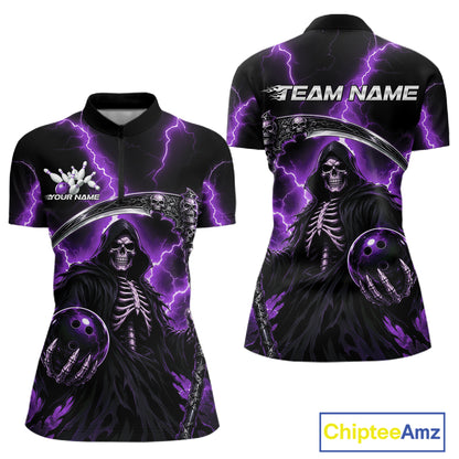 A short-sleeve quarter-zip shirt shown from the front and back, featuring a black and purple graphic design with a hooded skeleton, lightning bolts, bowling pins, and customizable text placeholders. 