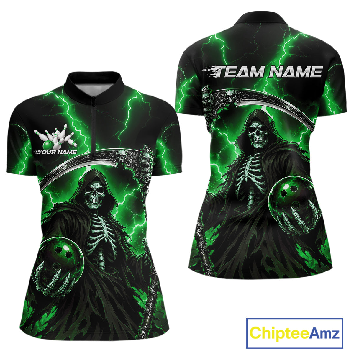 Front and back views of a short-sleeve quarter-zip shirt featuring a Grim Reaper graphic with green lightning, bowling balls, and skeleton details on a black background. 