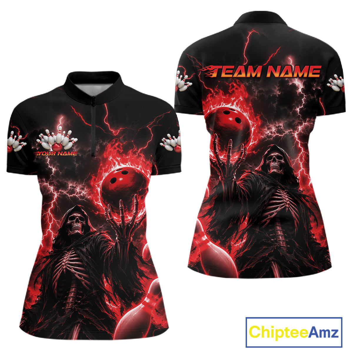 Front and back views of a black short-sleeve polo shirt featuring a red and black horror-themed graphic print with grim reaper, bowling balls, lightning, and the text 'TEAM NAME' and 'Custom Name'.