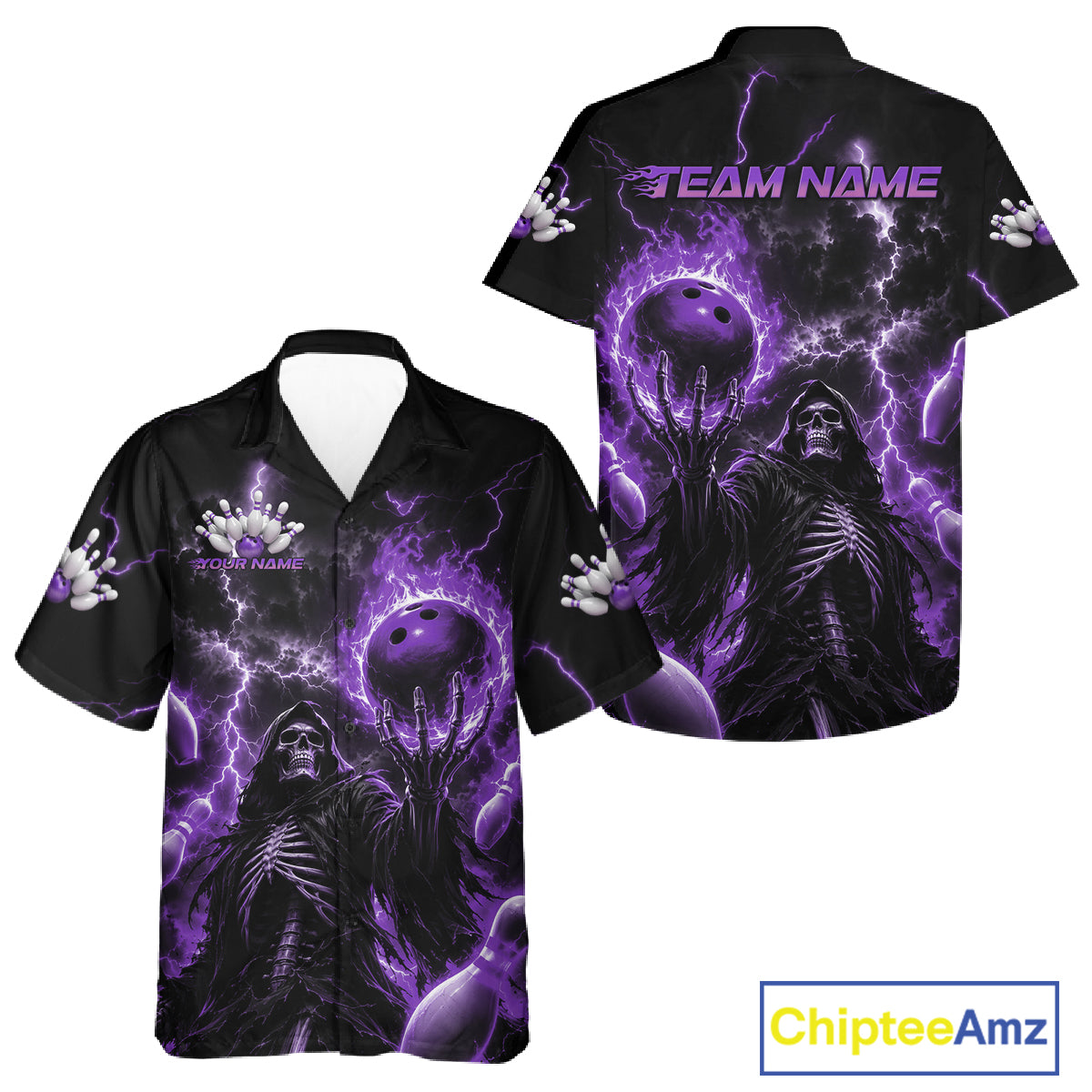 Black short-sleeve button-up shirt with a purple and black horror-themed graphic print featuring a hooded skeleton, purple lightning, and bowling balls, shown in front and back.