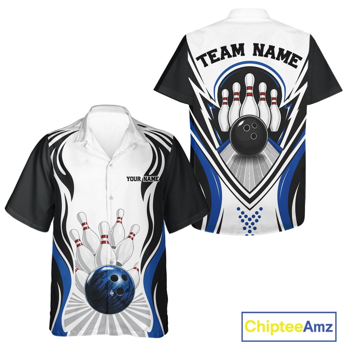 Front and back views of a button-up bowling shirt mockup displaying bowling ball and pins graphics in white, black, and blue.