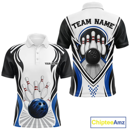 Front and back views of a men's bowling polo shirt mockup showcasing bowling ball and pins graphics in white, black, and blue.