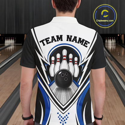 Back view of a male model wearing a white, black, and blue bowling polo shirt with bowling ball and pins graphics at a bowling lane.