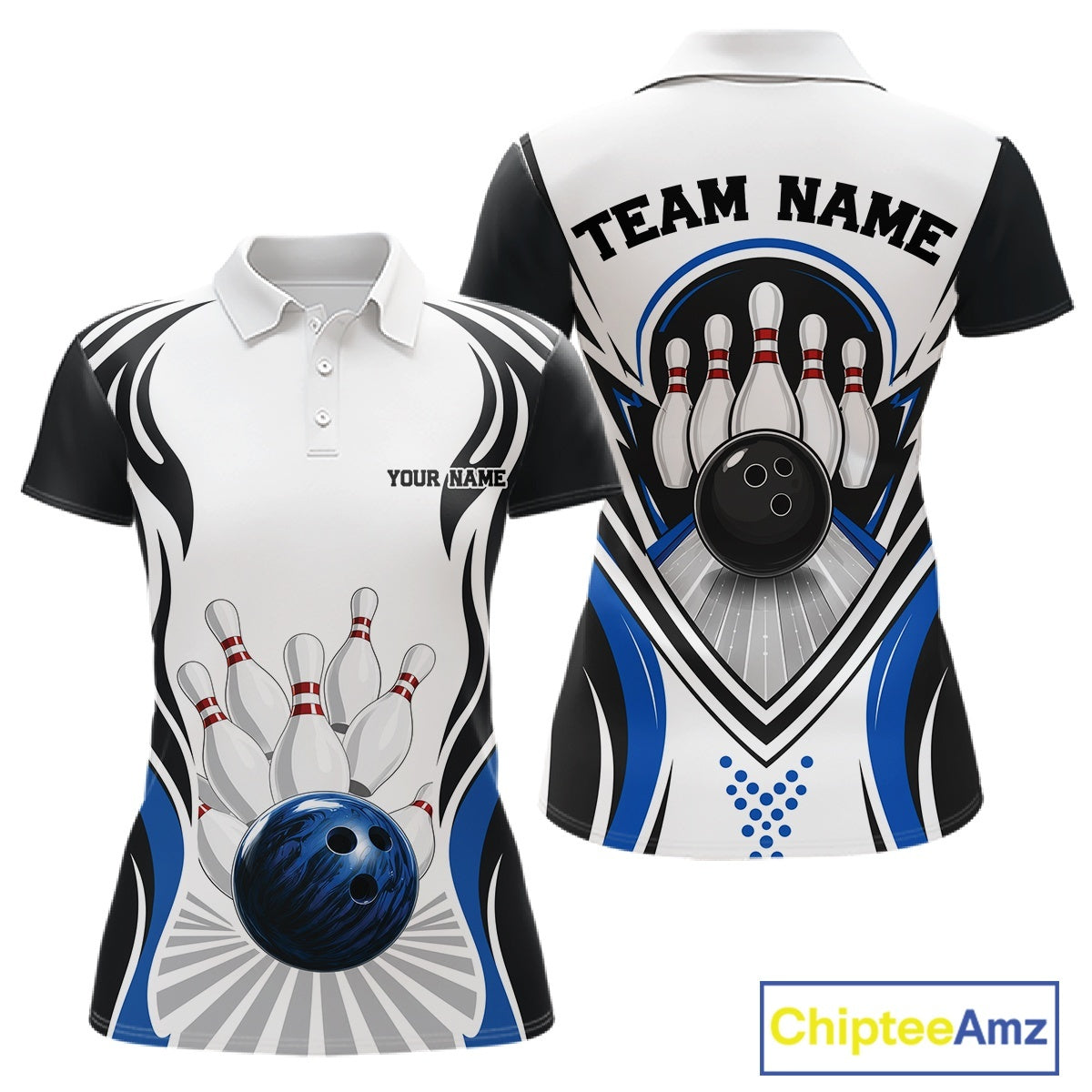 Front and back views of a women's bowling polo shirt mockup featuring bowling ball and pins graphics in white, black, and blue.