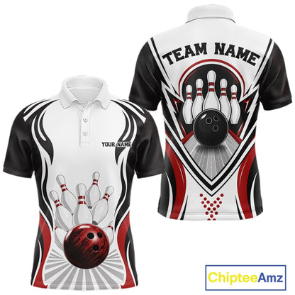 Front and back views of a men's bowling polo shirt mockup featuring bowling-themed graphics with a bowling ball and pins in white, black, and red.