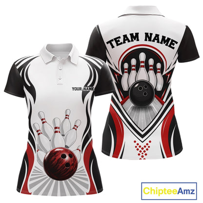 Front and back views of a women's bowling polo shirt mockup featuring bowling ball and pins artwork in a white, black, and red color combination.