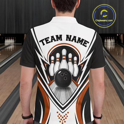 Back view of a male model wearing a white, black, and orange bowling polo shirt featuring bowling ball and pins graphics inside a bowling lane.
