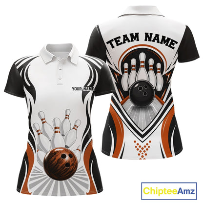 Front and back views of a women's bowling polo shirt mockup featuring bowling ball striking pins artwork in white, black, and orange.