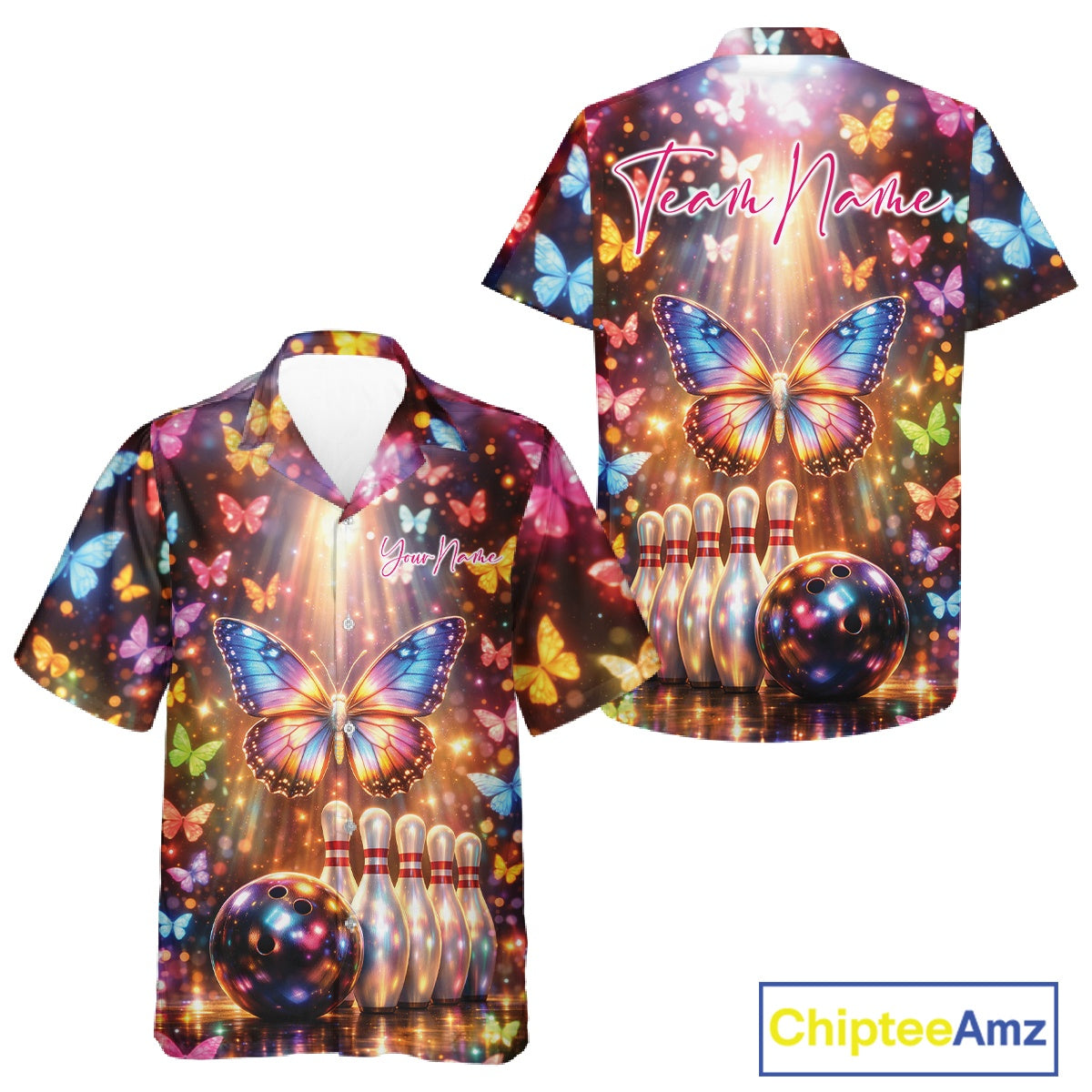 Front and back views of a button-up bowling shirt featuring colorful butterflies above bowling pins and a bowling ball with sparkling lights.