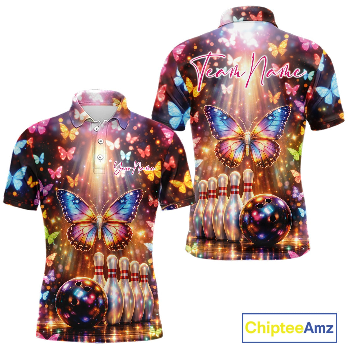 Front and back views of a mens bowling polo shirt featuring colorful butterflies above a bowling ball and pins with sparkling light effects.
