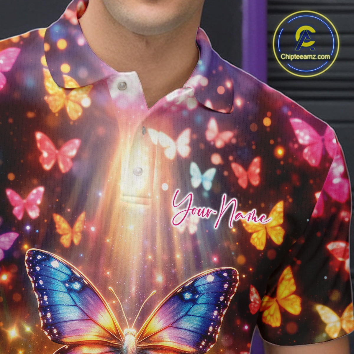 Detailed left chest close-up showing colorful butterfly artwork above bowling-themed graphics with sparkling light effects.