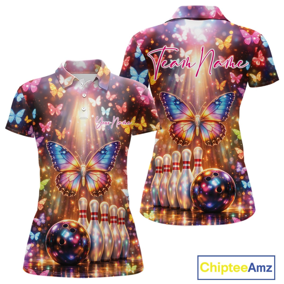 Front and back view of a women’s bowling polo shirt featuring colorful butterflies above bowling pins and a bowling ball with sparkling light accents.