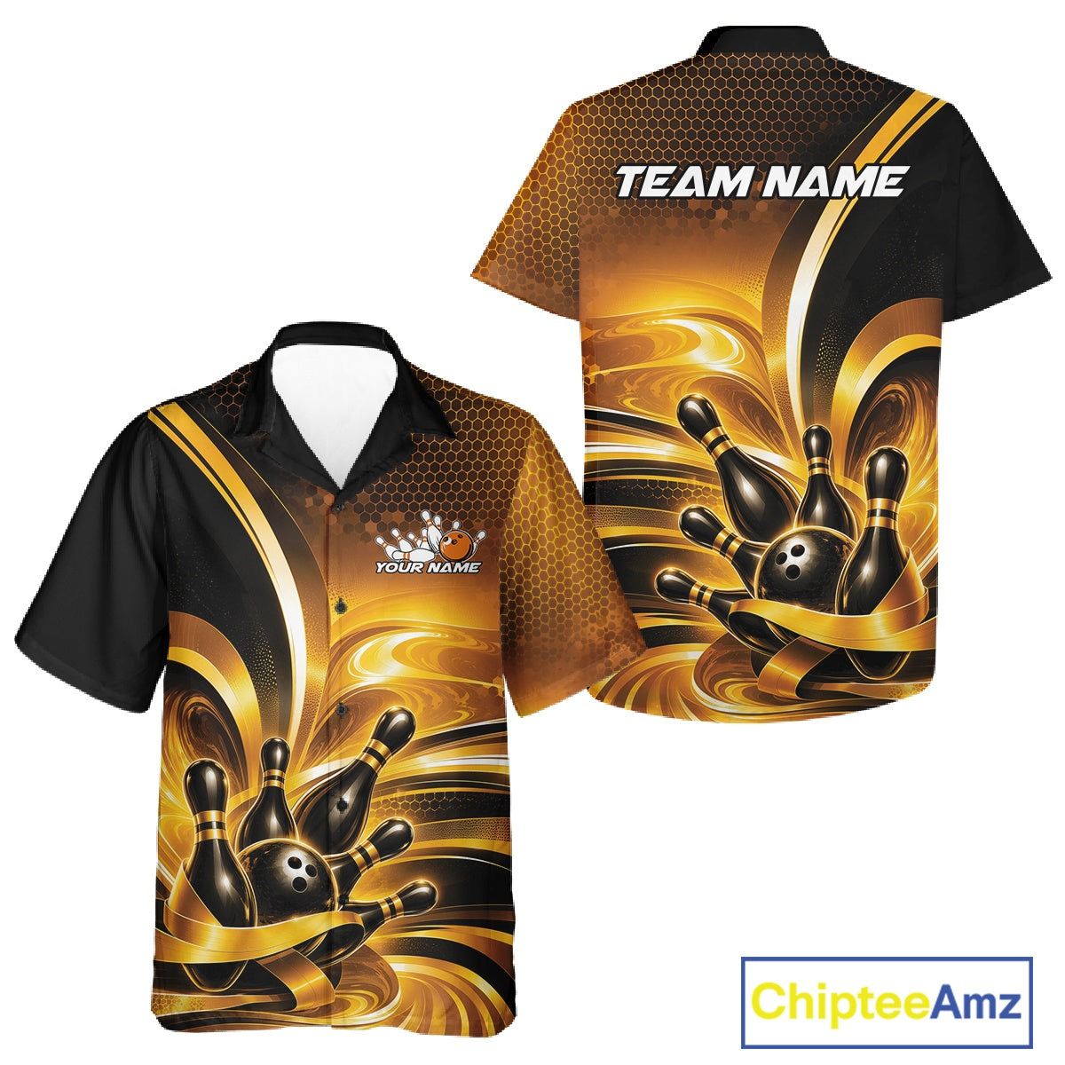 Front and back views of a button-up bowling shirt mockup featuring glossy gold and black bowling ball and pins artwork.