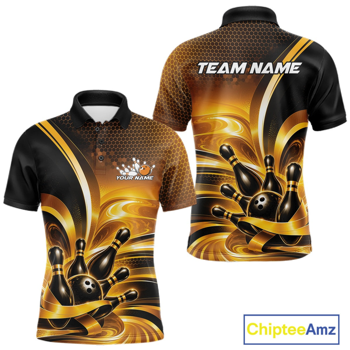 Front and back views of a men's bowling polo shirt mockup featuring glossy gold and black bowling ball and pins graphics.