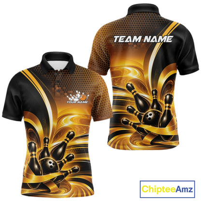 Front and back views of a men's bowling polo shirt mockup featuring glossy gold and black bowling ball and pins graphics.