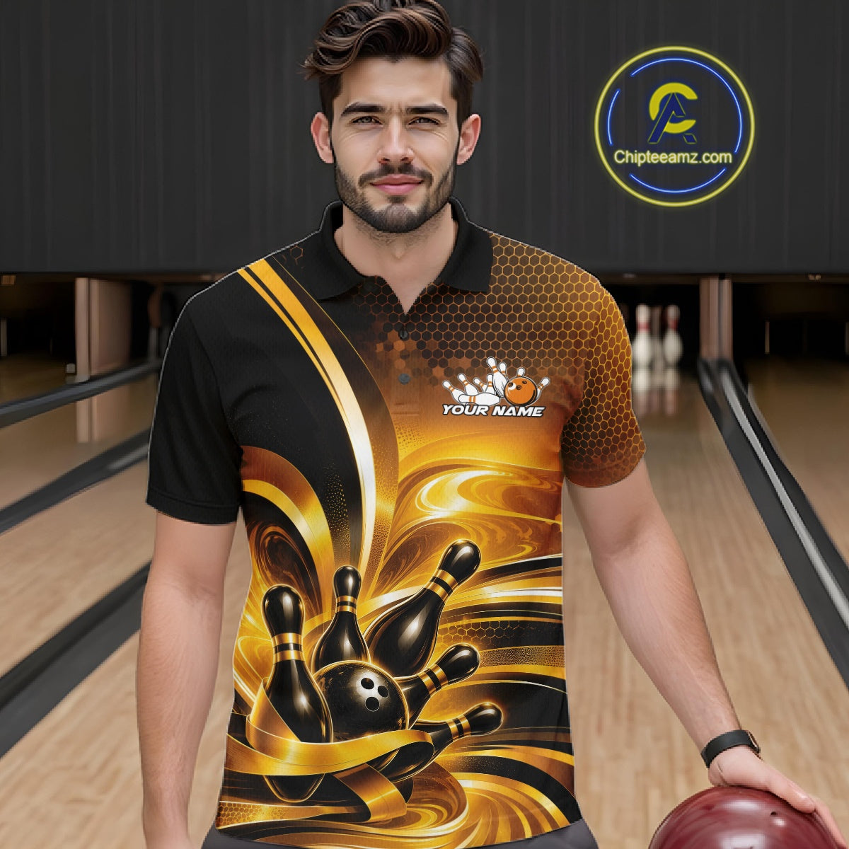 Front view of a male model at a bowling lane wearing a bowling polo shirt with glossy gold and black bowling ball and pins artwork.