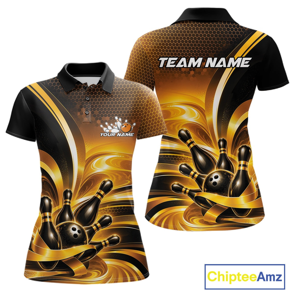 Front and back views of a women's bowling polo shirt mockup featuring glossy gold and black bowling ball and pins artwork.