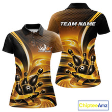 Load image into Gallery viewer, Front and back views of a women's bowling polo shirt mockup featuring glossy gold and black bowling ball and pins artwork.