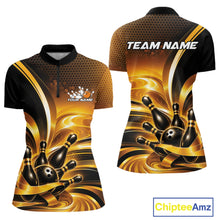 Load image into Gallery viewer, Front and back view of a women's bowling quarter zip mockup featuring glossy gold and black bowling ball and pins artwork.