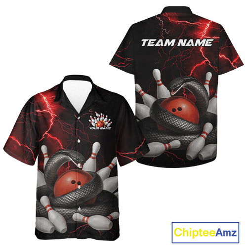 Custom Black And Red Thunder Lightning Black Mamba Snake Bowling Team Men And Women Hawaiian Shirt IPHW10152