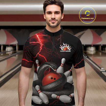 Custom Black And Red Thunder Lightning Black Mamba Snake Bowling Team Men Quarter-Zip Shirt IPHW10152