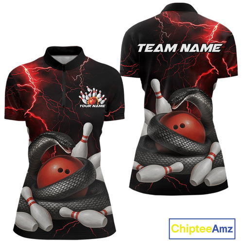 Custom Black And Red Thunder Lightning Black Mamba Snake Bowling Team Women Shirt IPHW10152