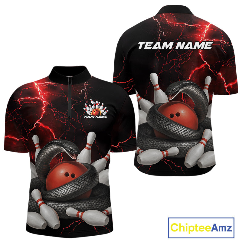 Custom Black And Red Thunder Lightning Black Mamba Snake Bowling Team Men Quarter-Zip Shirt IPHW10152