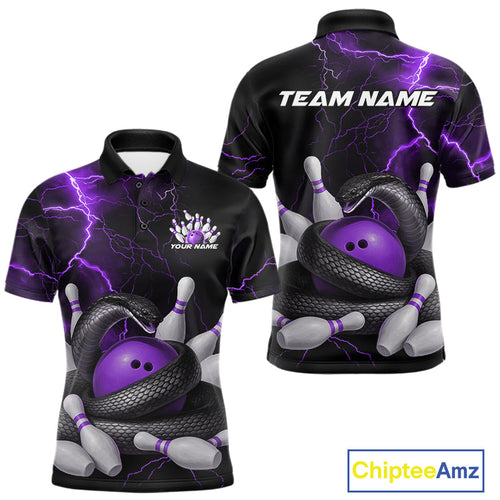 Custom Black And Purple Thunder Lightning Black Mamba Snake Bowling Team Men Polo Shirt IPHW10153