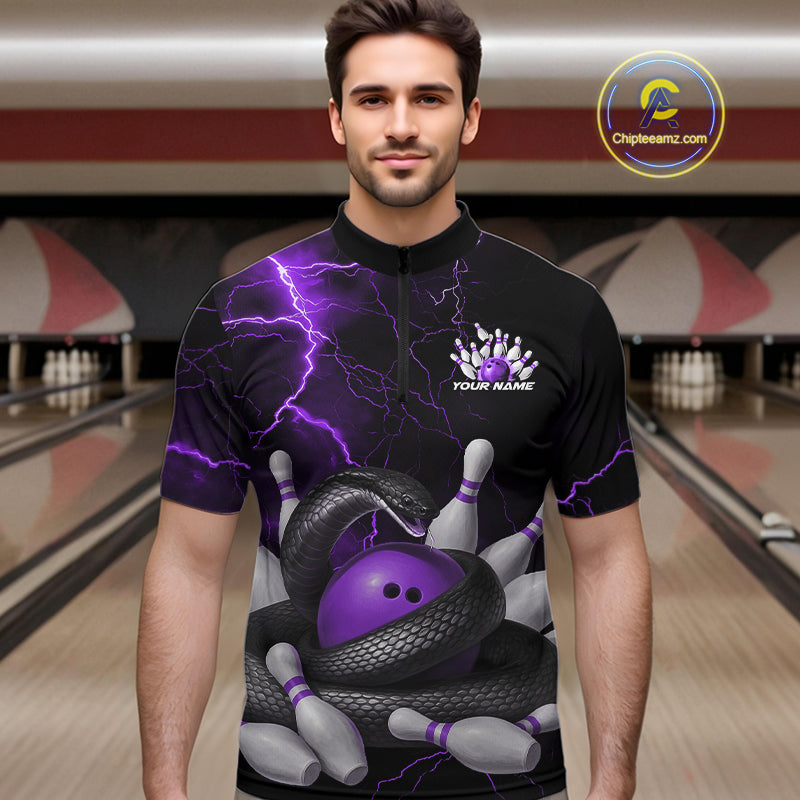 Custom Black And Purple Thunder Lightning Black Mamba Snake Bowling Team Men Quarter-Zip Shirt IPHW10153