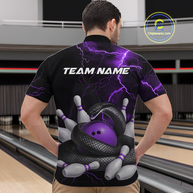 Custom Black And Purple Thunder Lightning Black Mamba Snake Bowling Team Men Quarter-Zip Shirt IPHW10153