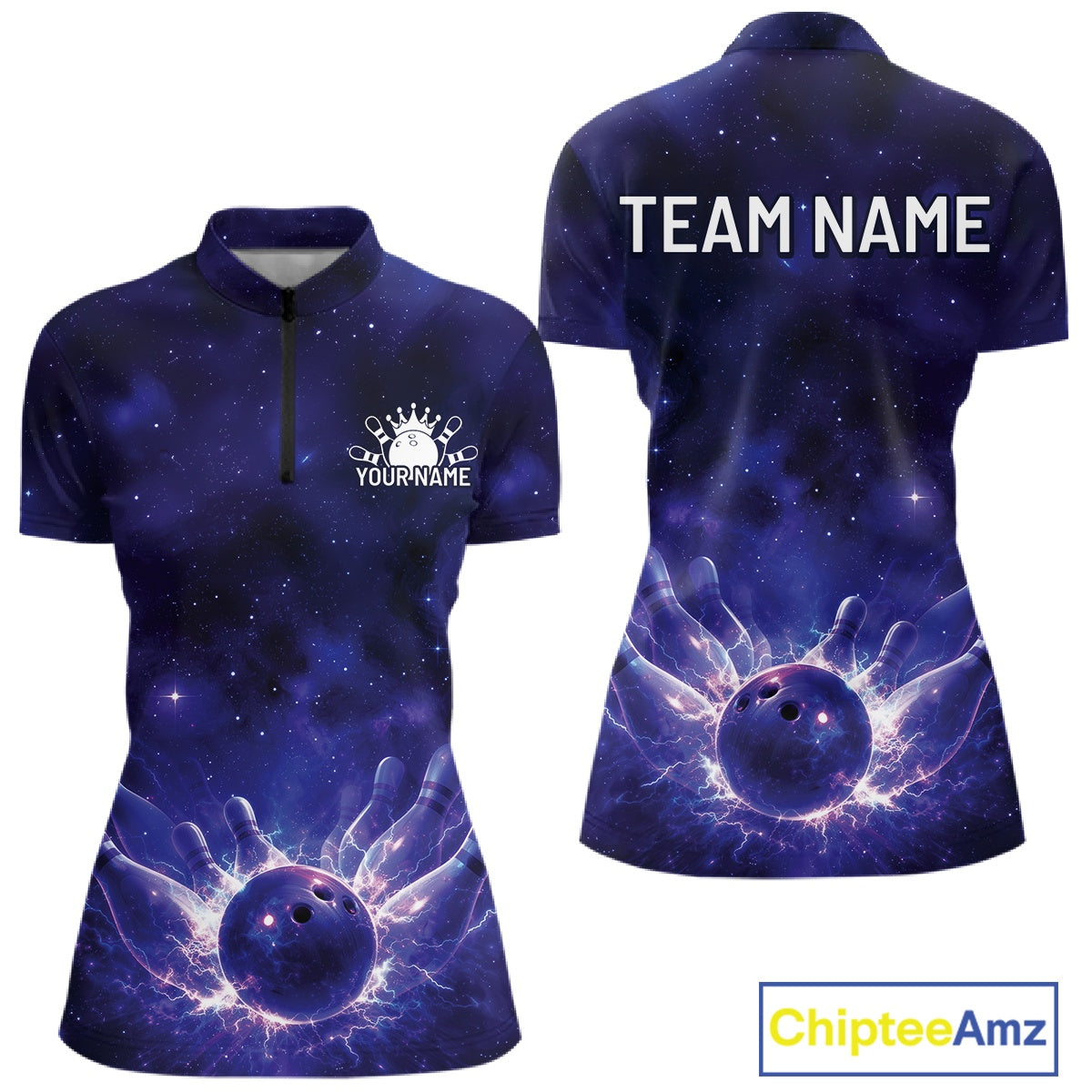 Custom Purple And Blue Galaxy Bowling Shirts For Women, Sparkling Sky Bowling Jerseys IPHW10529