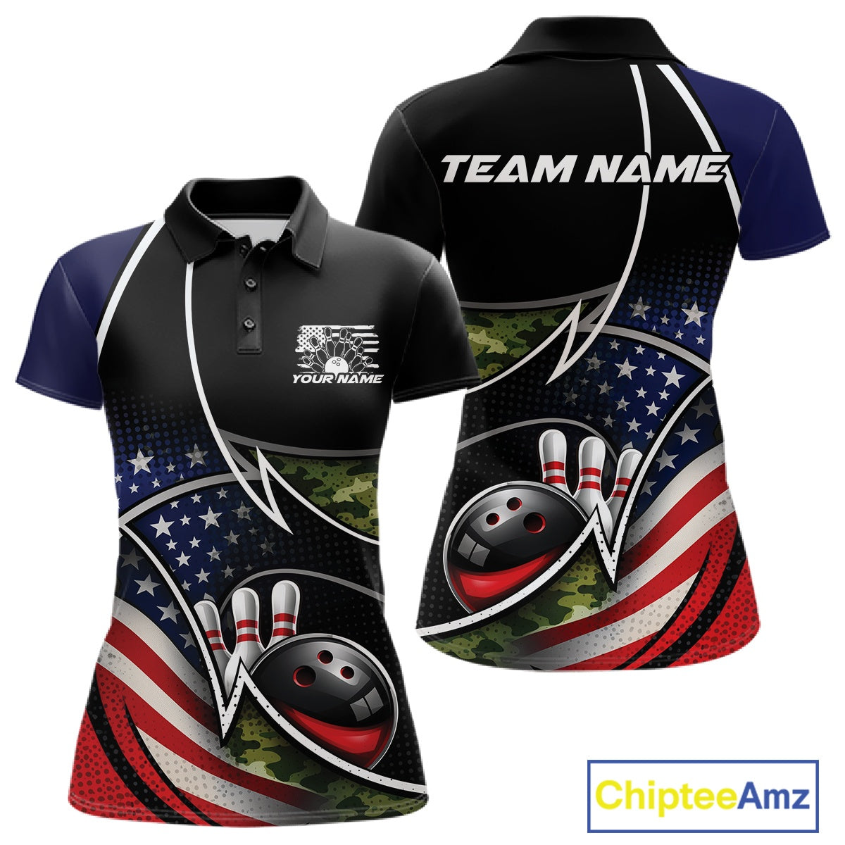 Custom Patriotic US Flag Bowling Team Shirts, Freedom Military Camo Women Bowling Jerseys IPHW10531