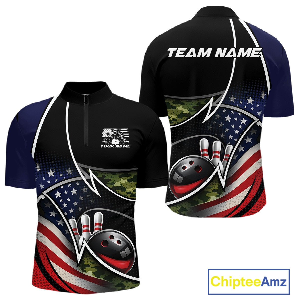 Custom Patriotic US Flag Bowling Team Shirts, Freedom Military Camo Men Bowling Jerseys IPHW10531