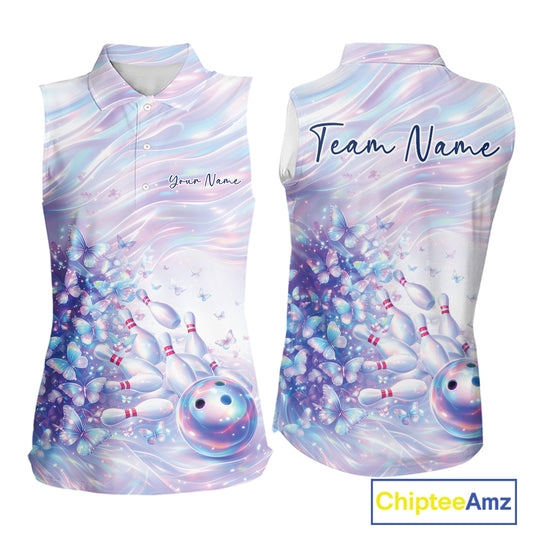 Bowling shirt featuring pastel purple and pink holographic butterflies paired with colorful bowling graphics