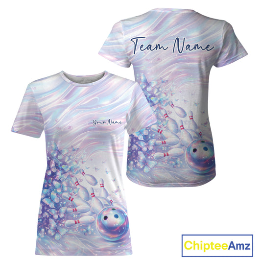 Front and back mockup of a womens crewneck bowling T-shirt featuring pastel purple and pink holographic butterflies and colorful bowling artwork