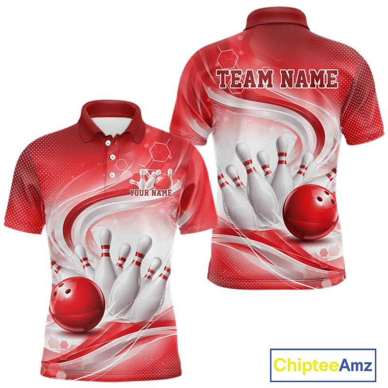 White and red bowling polo shirt mockup shown from both sides with flowing abstract graphics and a bowling ball impact design