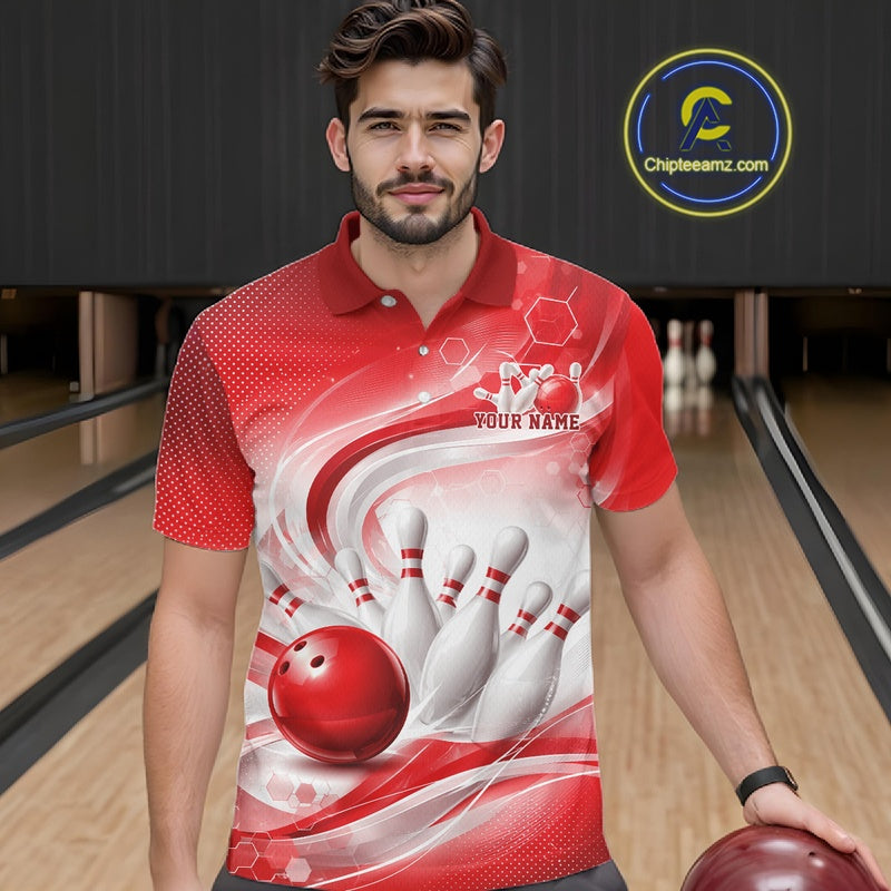 Male model in a bowling alley wearing a white and red bowling polo shirt with flowing abstract artwork and a bowling strike motif