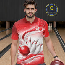Load image into Gallery viewer, Male model in a bowling alley wearing a white and red bowling polo shirt with flowing abstract artwork and a bowling strike motif