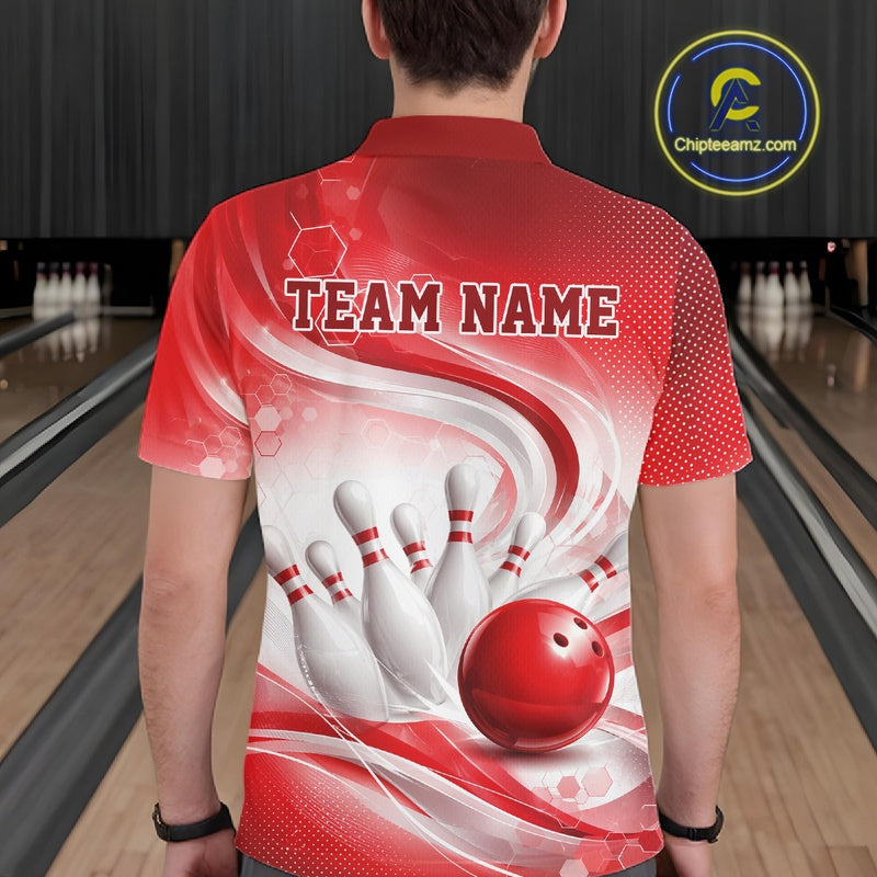Male model standing in a bowling lane showing the back of a white and red bowling polo shirt with abstract wave lines and a glossy bowling ball striking pins graphic.