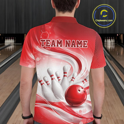 Male model standing in a bowling lane showing the back of a white and red bowling polo shirt with abstract wave lines and a glossy bowling ball striking pins graphic.