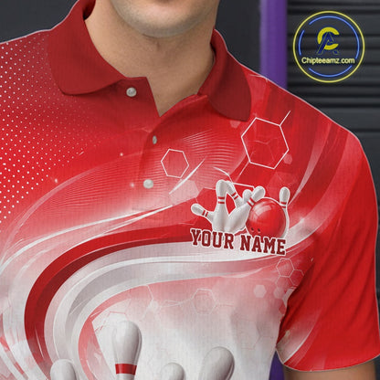 Close-up of the left chest area on a white and red bowling polo shirt with flowing wave accents and bowling pin artwork