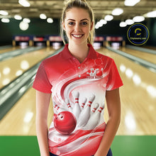Load image into Gallery viewer, Female model wearing a white and red bowling polo shirt with sweeping wave artwork and a bowling ball knocking down pins at the bowling lane