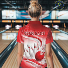 Load image into Gallery viewer, Female model standing in a bowling lane showing the back of a white and red bowling polo shirt with abstract wave lines and a glossy bowling ball striking pins graphic.
