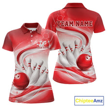 Load image into Gallery viewer, Front and back mockup of a womens white and red bowling polo shirt featuring elegant wave artwork and bowling pin action imagery